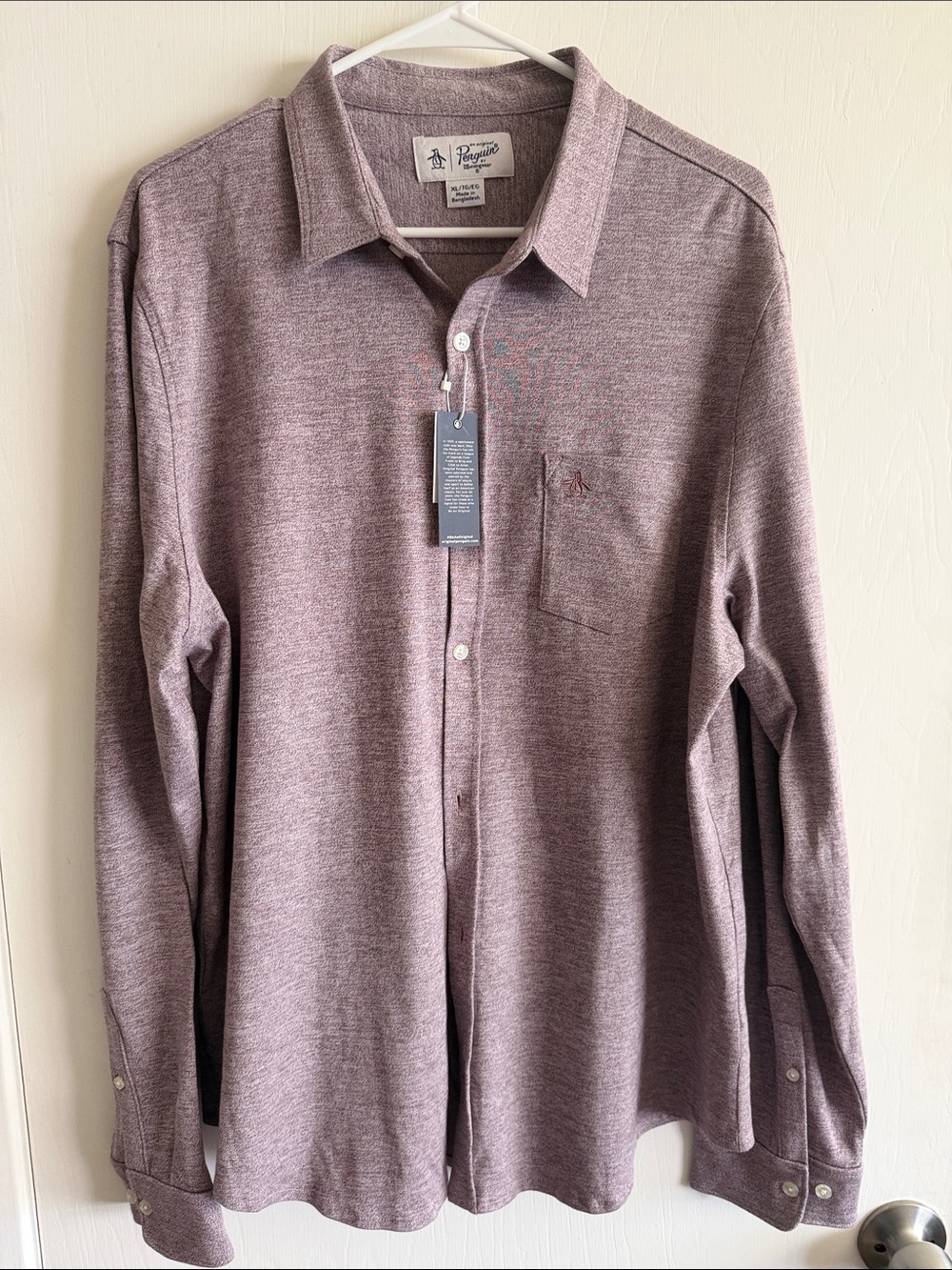Original Penguin Men's Heathered Mauve Long Sleeve Button-Down Shirt - XL Wine